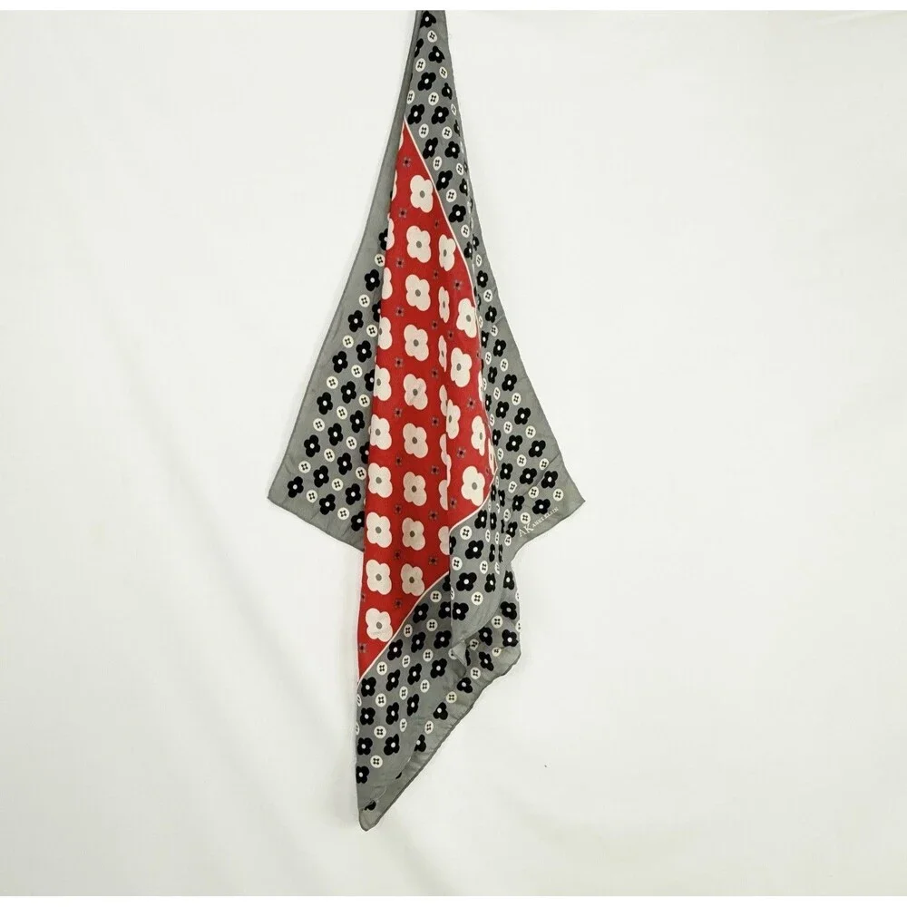 Vintage Red Gray Floral Polka Dot Square Neck Scarf 21x20 Inches
